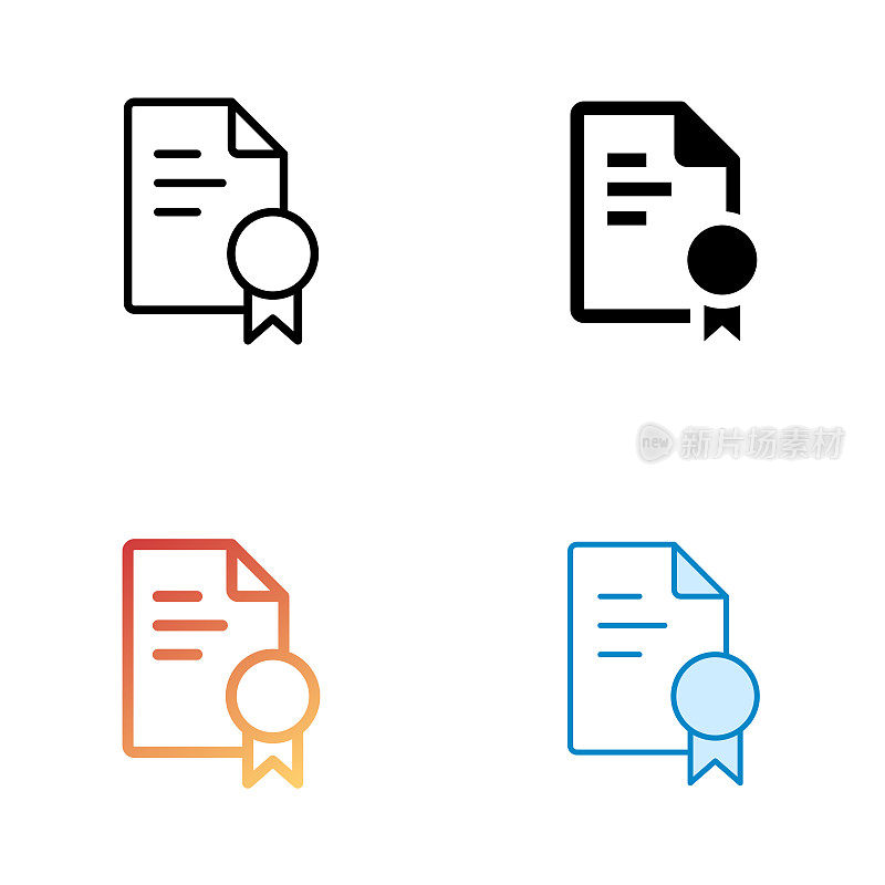 证书通用图标设计在四种风格与可编辑的笔画。线，实线，平线和颜色渐变线。适合网页，移动应用，UI, UX和GUI设计。